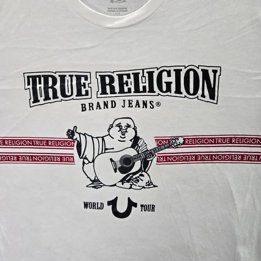 True Religion Men Shirt Large White Striped Logo Graphic Print‎ Short Sleeve Tee